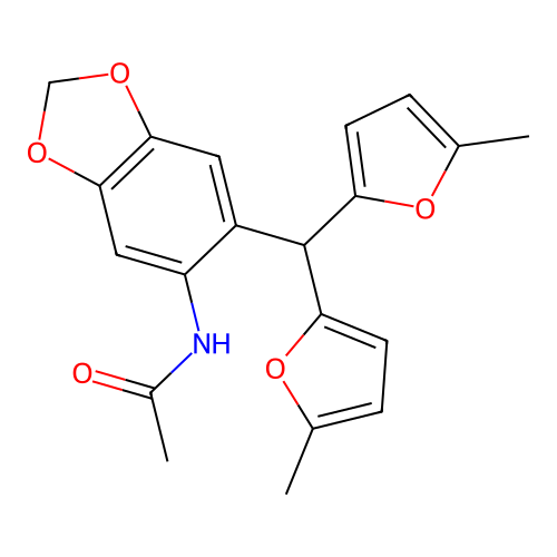 N-{6-[bis(5-methylfuran-2-yl)methyl]-1,3-benzodioxol-5-yl}acetamide structure