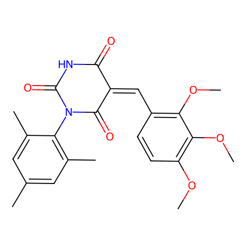 (Z)-1-mesityl-5-(2,3,4-trimethoxybenzylidene)pyrimidine-2,4,6(1H,3H,5H)-trione structure