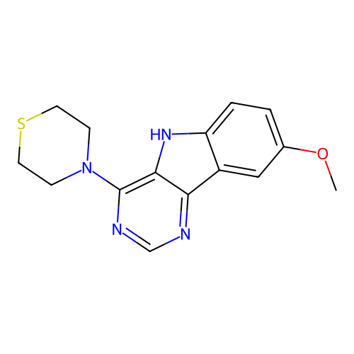 4-(8-methoxy-5H-pyrimido[5,4-b]indol-4-yl)thiomorpholine structure