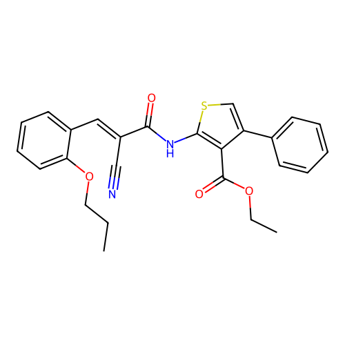 (E)-ethyl 2-(2-cyano-3-(2-propoxyphenyl)acrylamido)-4-phenylthiophene-3-carboxylate structure