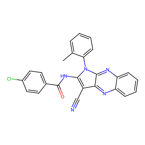 4-chloro-N-(3-cyano-1-(o-tolyl)-1H-pyrrolo[2,3-b]quinoxalin-2-yl)benzamide structure