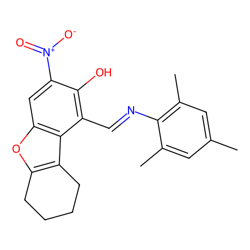 (E)-1-((mesitylimino)methyl)-3-nitro-6,7,8,9-tetrahydrodibenzo[b,d]furan-2-ol structure
