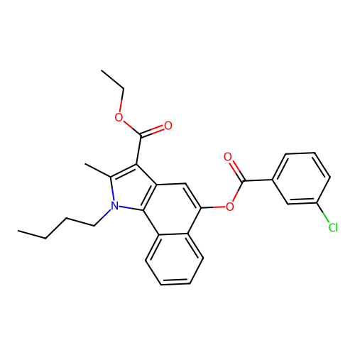 ethyl 1-butyl-5-((3-chlorobenzoyl)oxy)-2-methyl-1H-benzo[g]indole-3-carboxylate structure