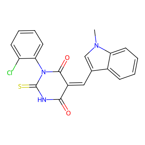 (Z)-1-(2-chlorophenyl)-5-((1-methyl-1H-indol-3-yl)methylene)-2-thioxodihydropyrimidine-4,6(1H,5H)-dione structure