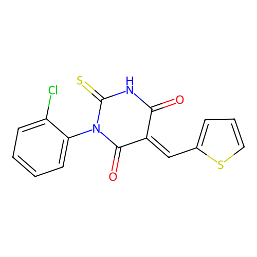 (5E)-1-(2-chlorophenyl)-2-sulfanylidene-5-(thiophen-2-ylmethylidene)-1,3-diazinane-4,6-dione structure