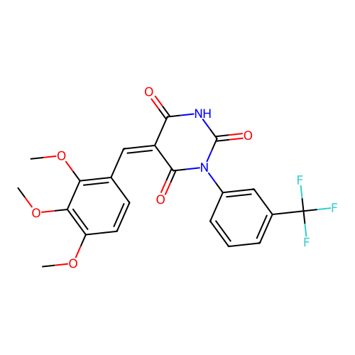 (5Z)-1-[3-(trifluoromethyl)phenyl]-5-(2,3,4-trimethoxybenzylidene)pyrimidine-2,4,6(1H,3H,5H)-trione structure