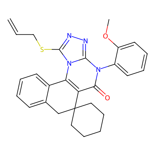 1-(allylthio)-4-(2-methoxyphenyl)-4H-spiro[benzo[h][1,2,4]triazolo[4,3-a]quinazoline-6,1'-cyclohexan]-5(7H)-one structure