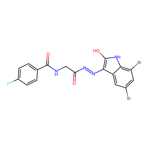 (Z)-N-(2-(2-(5,7-dibromo-2-oxoindolin-3-ylidene)hydrazinyl)-2-oxoethyl)-4-fluorobenzamide structure