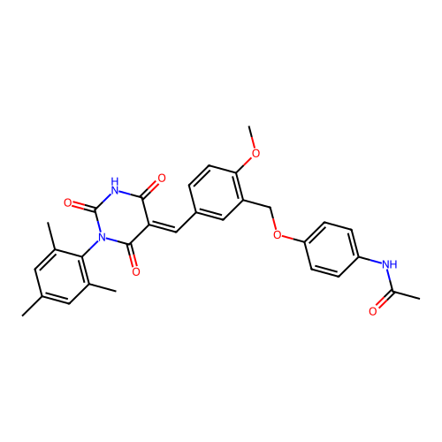N-(4-((5-((1-mesityl-2,4,6-trioxotetrahydropyrimidin-5(2H)-ylidene)methyl)-2-methoxybenzyl)oxy)phenyl)acetamide structure