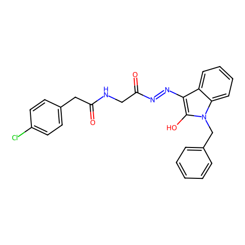 N-[(1-benzyl-2-oxo-indol-3-ylidene)amino]-2-[[2-(4-chlorophenyl)acetyl]amino]acetamide structure