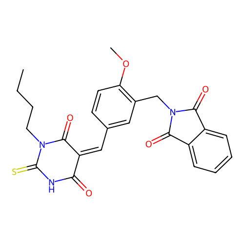 (Z)-2-(5-((1-butyl-4,6-dioxo-2-thioxotetrahydropyrimidin-5(2H)-ylidene)methyl)-2-methoxybenzyl)isoindoline-1,3-dione structure