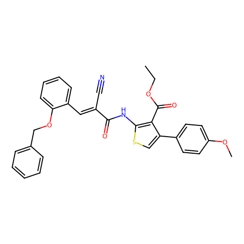 (E)-ethyl 2-(3-(2-(benzyloxy)phenyl)-2-cyanoacrylamido)-4-(4-methoxyphenyl)thiophene-3-carboxylate structure