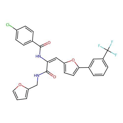 (E)-4-chloro-N-(3-((furan-2-ylmethyl)amino)-3-oxo-1-(5-(3-(trifluoromethyl)phenyl)furan-2-yl)prop-1-en-2-yl)benzamide structure