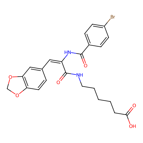 (E)-6-(3-(benzo[d][1,3]dioxol-5-yl)-2-(4-bromobenzamido)acrylamido)hexanoic acid structure
