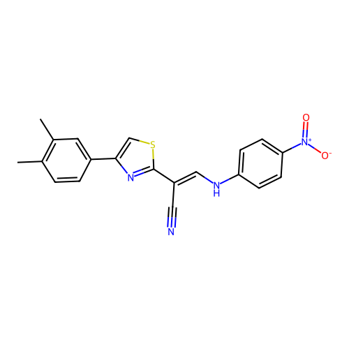 (E)-2-(4-(3,4-dimethylphenyl)thiazol-2-yl)-3-((4-nitrophenyl)amino)acrylonitrile structure