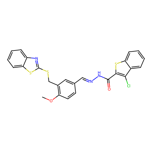 (E)-N'-(3-((benzo[d]thiazol-2-ylthio)methyl)-4-methoxybenzylidene)-3-chlorobenzo[b]thiophene-2-carbohydrazide structure