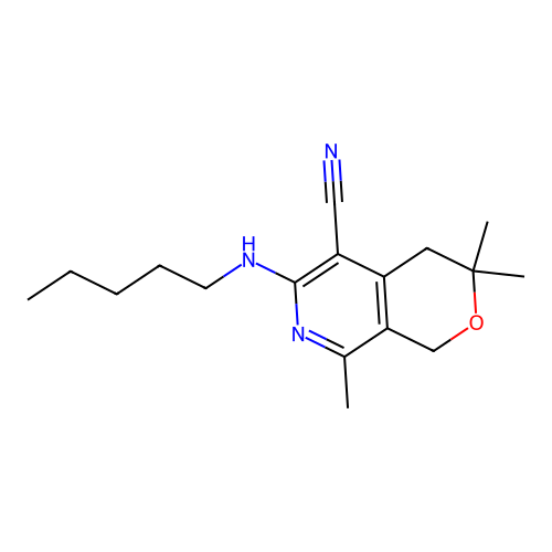 3,3,8-trimethyl-6-(pentylamino)-3,4-dihydro-1H-pyrano[3,4-c]pyridine-5-carbonitrile structure