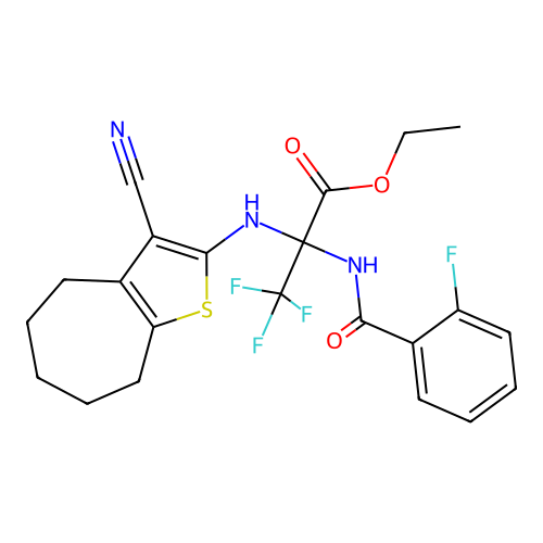 ethyl 2-((3-cyano-5,6,7,8-tetrahydro-4H-cyclohepta[b]thiophen-2-yl)amino)-3,3,3-trifluoro-2-(2-fluorobenzamido)propanoate structure