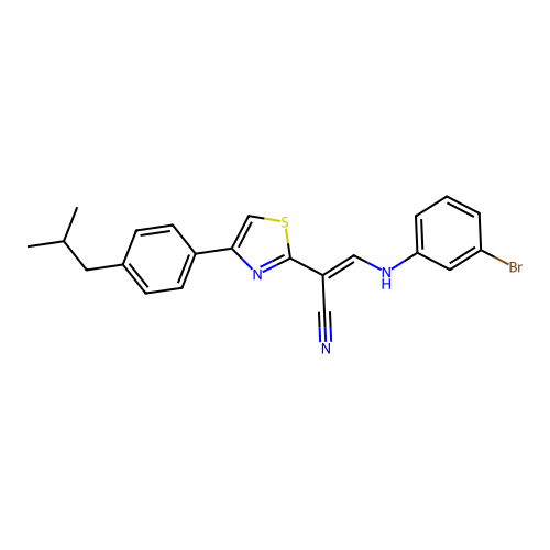 (E)-3-((3-bromophenyl)amino)-2-(4-(4-isobutylphenyl)thiazol-2-yl)acrylonitrile structure