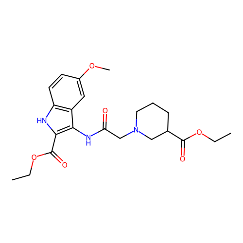ethyl 3-(2-(3-(ethoxycarbonyl)piperidin-1-yl)acetamido)-5-methoxy-1H-indole-2-carboxylate structure