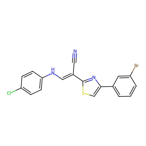 (2E)-2-[4-(3-bromophenyl)-1,3-thiazol-2-yl]-3-[(4-chlorophenyl)amino]prop-2-enenitrile structure