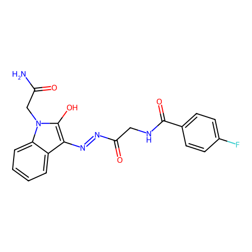 (Z)-N-(2-(2-(1-(2-amino-2-oxoethyl)-2-oxoindolin-3-ylidene)hydrazinyl)-2-oxoethyl)-4-fluorobenzamide structure