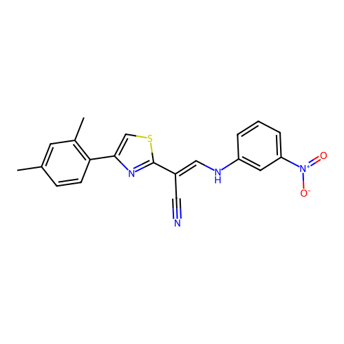 (E)-2-(4-(2,4-dimethylphenyl)thiazol-2-yl)-3-((3-nitrophenyl)amino)acrylonitrile structure