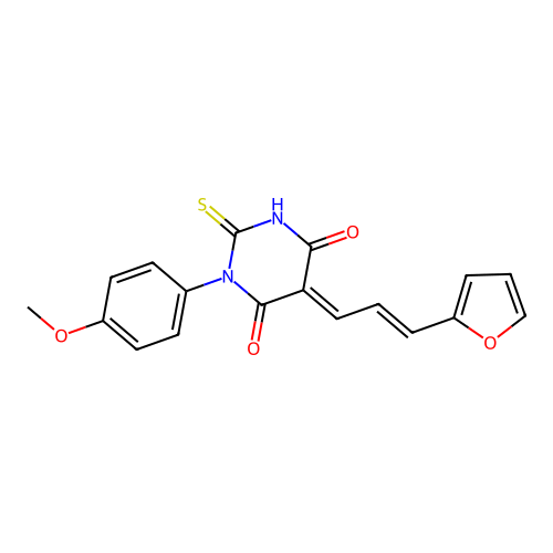 (5E)-5-[(E)-3-(furan-2-yl)prop-2-enylidene]-1-(4-methoxyphenyl)-2-sulfanylidene-1,3-diazinane-4,6-dione structure