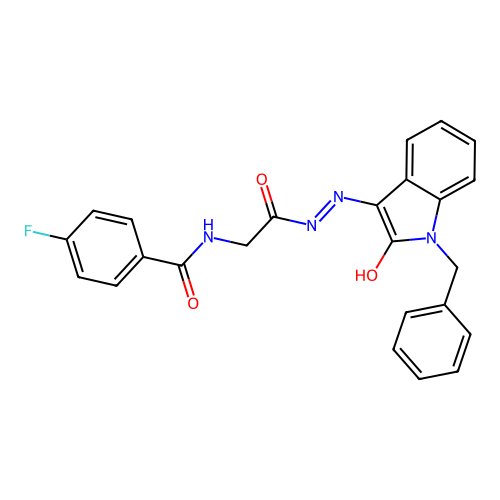 (Z)-N-(2-(2-(1-benzyl-2-oxoindolin-3-ylidene)hydrazinyl)-2-oxoethyl)-4-fluorobenzamide structure