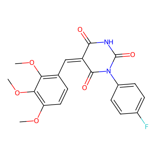 (Z)-1-(4-fluorophenyl)-5-(2,3,4-trimethoxybenzylidene)pyrimidine-2,4,6(1H,3H,5H)-trione structure