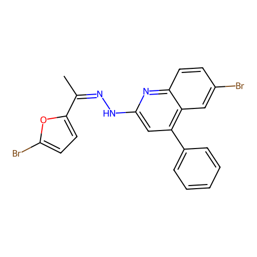 6-bromo-2-{(2Z)-2-[1-(5-bromofuran-2-yl)ethylidene]hydrazinyl}-4-phenylquinoline structure