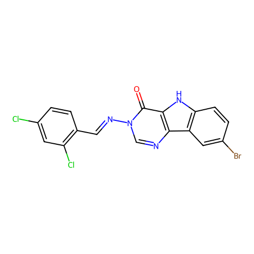 (E)-8-bromo-3-((2,4-dichlorobenzylidene)amino)-3H-pyrimido[5,4-b]indol-4(5H)-one structure