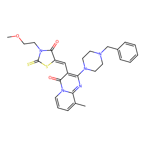 2-(4-BENZYL-1-PIPERAZINYL)-3-{(Z)-[3-(2-METHOXYETHYL)-4-OXO-2-THIOXO-1,3-THIAZOLIDIN-5-YLIDENE]METHYL}-9-METHYL-4H-PYRIDO[1,2-A]PYRIMIDIN-4-ONE structure