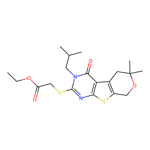ethyl {[6,6-dimethyl-3-(2-methylpropyl)-4-oxo-3,5,6,8-tetrahydro-4H-pyrano[4',3':4,5]thieno[2,3-d]pyrimidin-2-yl]sulfanyl}acetate structure
