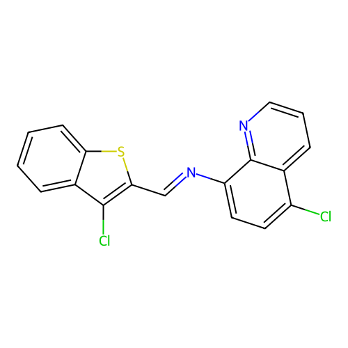 5-chloro-N-[(E)-(3-chloro-1-benzothiophen-2-yl)methylidene]quinolin-8-amine structure