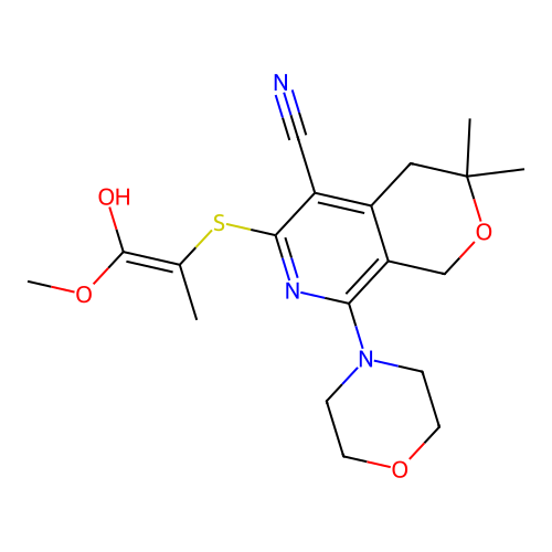 (E)-6-((1-hydroxy-1-methoxyprop-1-en-2-yl)thio)-3,3-dimethyl-8-morpholino-3,4-dihydro-1H-pyrano[3,4-c]pyridine-5-carbonitrile structure