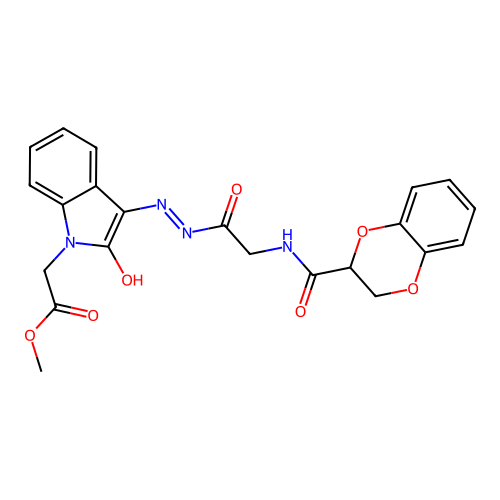 methyl [(3Z)-3-(2-{[(2,3-dihydro-1,4-benzodioxin-2-ylcarbonyl)amino]acetyl}hydrazinylidene)-2-oxo-2,3-dihydro-1H-indol-1-yl]acetate structure