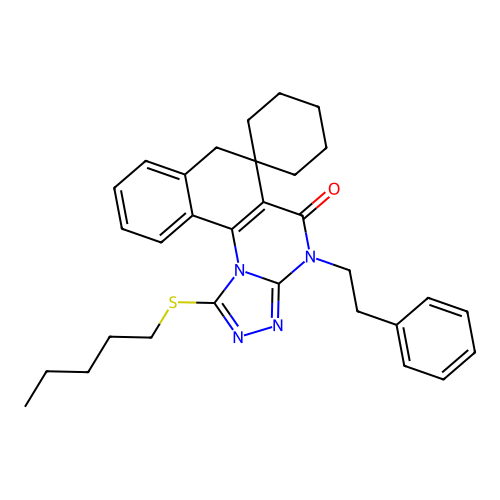 1-(pentylsulfanyl)-4-(2-phenylethyl)-4H-spiro[benzo[h][1,2,4]triazolo[4,3-a]quinazoline-6,1'-cyclohexan]-5(7H)-one structure