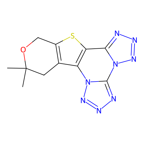 11,11-dimethyl-11,12-dihydro-9H-pyrano[4',3':4,5]thieno[2,3-e]bis(tetrazolo)[1,5-a:1',5'-c]pyrimidine structure