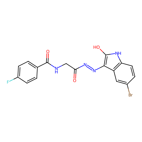 N-[[(5-bromo-2-oxo-indol-3-yl)amino]carbamoylmethyl]-4-fluoro-benzamide structure