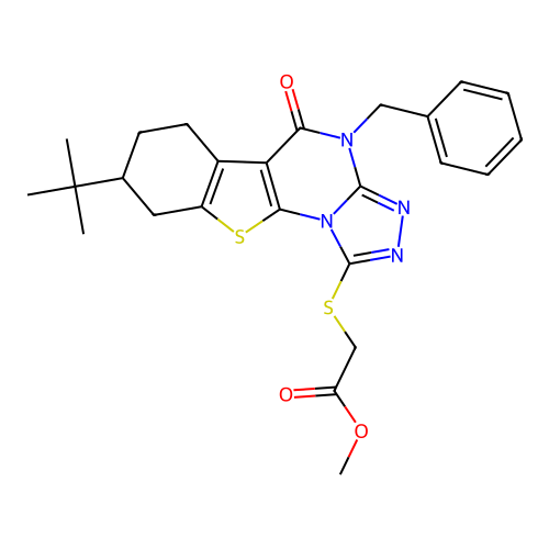 methyl [(4-benzyl-8-tert-butyl-5-oxo-4,5,6,7,8,9-hexahydro[1]benzothieno[3,2-e][1,2,4]triazolo[4,3-a]pyrimidin-1-yl)sulfanyl]acetate structure