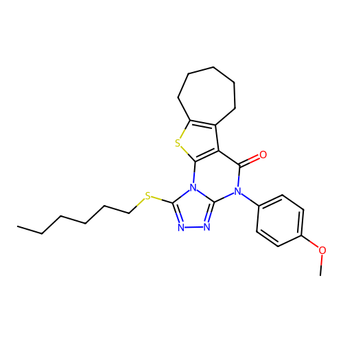 1-(hexylsulfanyl)-4-(4-methoxyphenyl)-7,8,9,10-tetrahydro-6H-cyclohepta[4,5]thieno[3,2-e][1,2,4]triazolo[4,3-a]pyrimidin-5(4H)-one structure