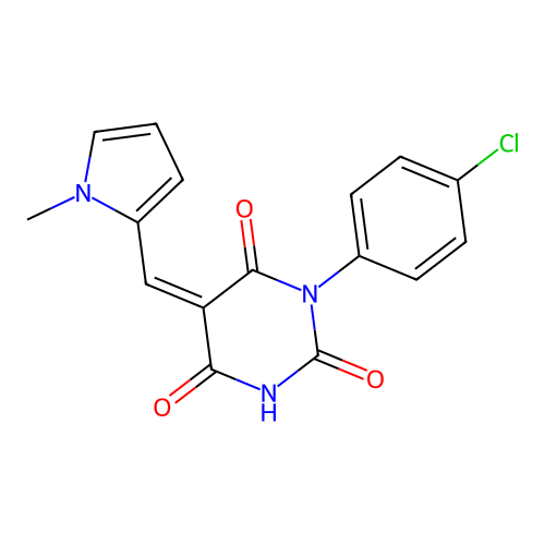 (Z)-1-(4-chlorophenyl)-5-((1-methyl-1H-pyrrol-2-yl)methylene)pyrimidine-2,4,6(1H,3H,5H)-trione structure