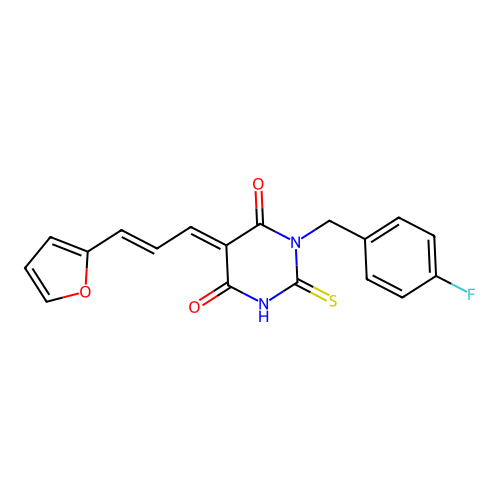 (5E)-1-[(4-fluorophenyl)methyl]-5-[(E)-3-(furan-2-yl)prop-2-enylidene]-2-sulfanylidene-1,3-diazinane-4,6-dione structure