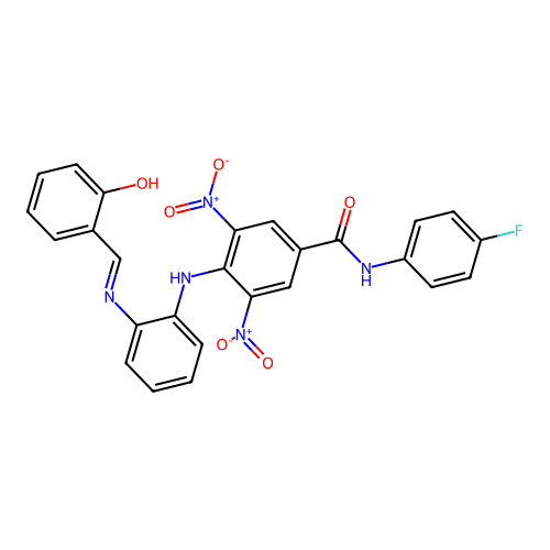 N-(4-fluorophenyl)-4-((2-((2-hydroxybenzylidene)amino)phenyl)amino)-3,5-dinitrobenzamide structure