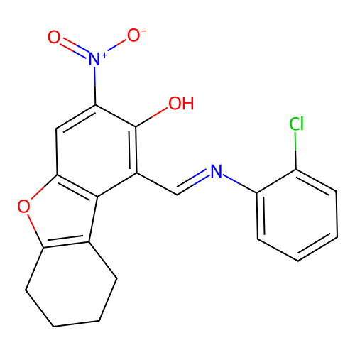 (1E)-1-[(2-chloroanilino)methylidene]-3-nitro-6,7,8,9-tetrahydrodibenzofuran-2-one structure