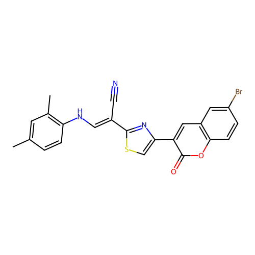 (2E)-2-[4-(6-bromo-2-oxo-2H-chromen-3-yl)-1,3-thiazol-2-yl]-3-[(2,4-dimethylphenyl)amino]prop-2-enenitrile structure