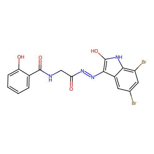 N-[[(5,7-dibromo-2-oxo-indol-3-yl)amino]carbamoylmethyl]-2-hydroxy-benzamide structure