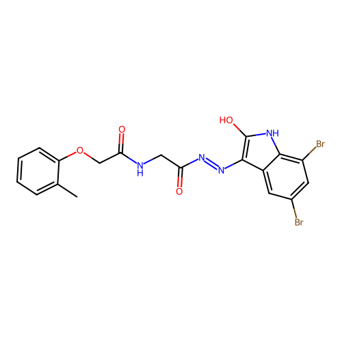 N-[[(5,7-dibromo-2-oxo-indol-3-yl)amino]carbamoylmethyl]-2-(2-methylphenoxy)acetamide structure