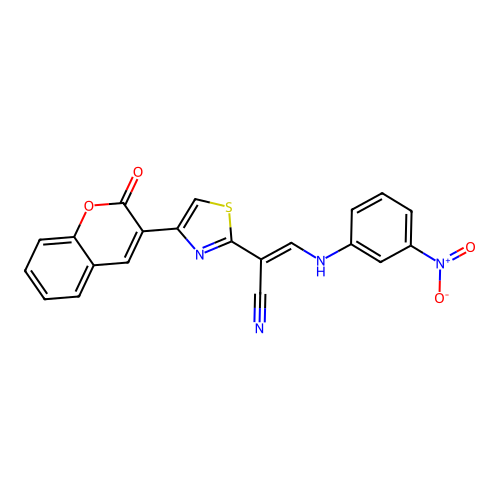 (E)-3-((3-nitrophenyl)amino)-2-(4-(2-oxo-2H-chromen-3-yl)thiazol-2-yl)acrylonitrile structure